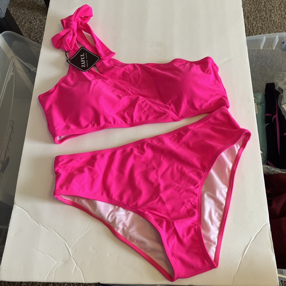 Zaful Bikini Set Women XL Hot Pink New One Shoulder Bow High Waisted C93